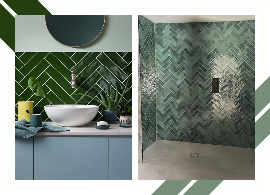 Green bathroom tiles from floor and ceiling