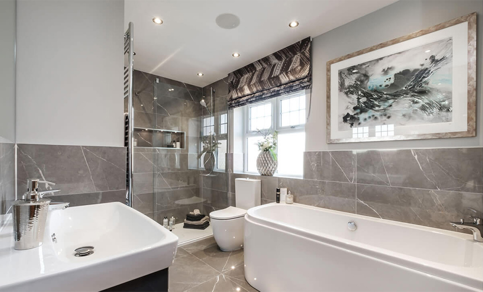 Marmochic wall and floor tiles in new build bathroom by CTD Housebuilders.
