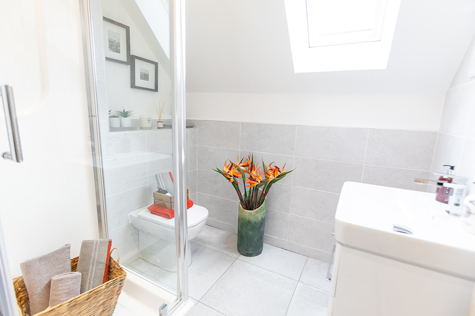 Polesden and Knole tiles in bathroom of contemporary new home