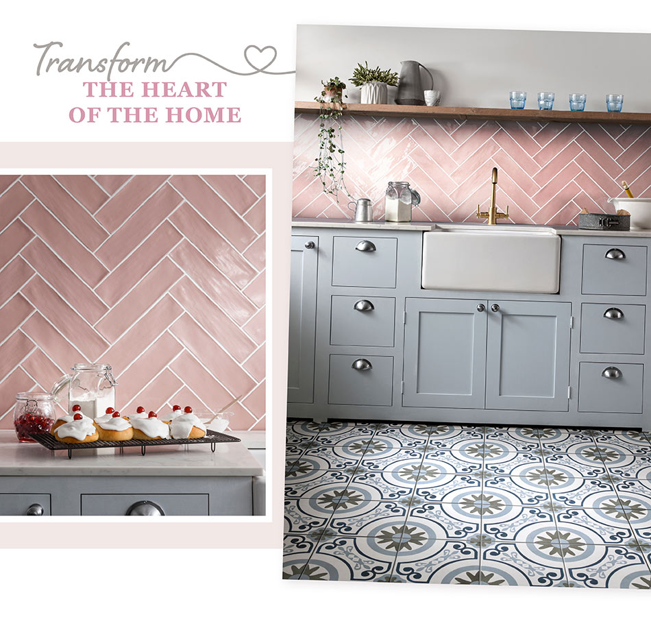 Plush pink kitchen floor and wall tiles