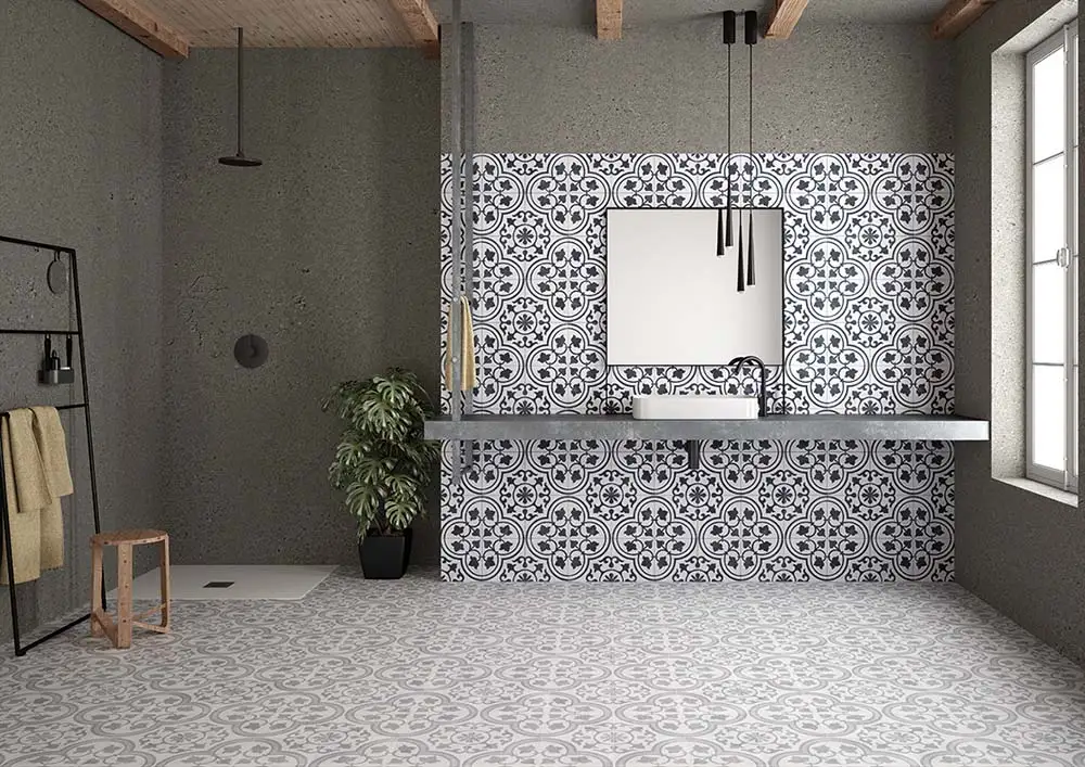 Patterned bathroom tiles
