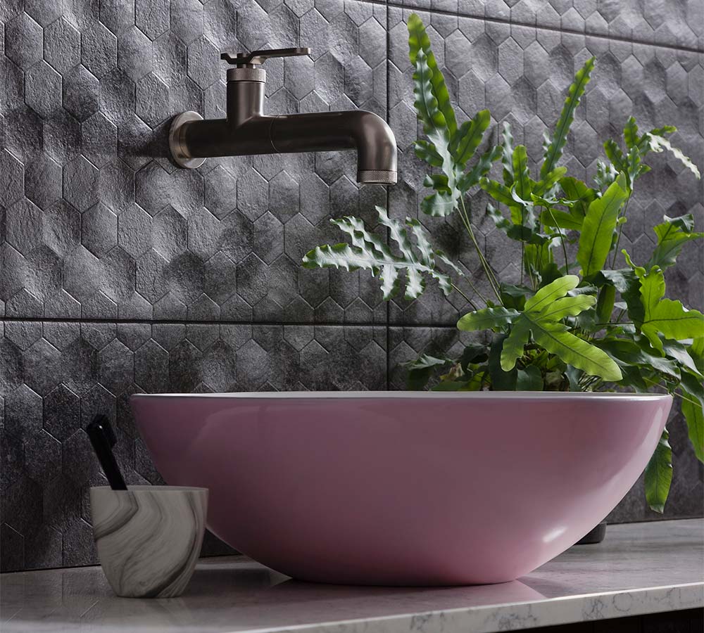 Textured dark bathroom tiles