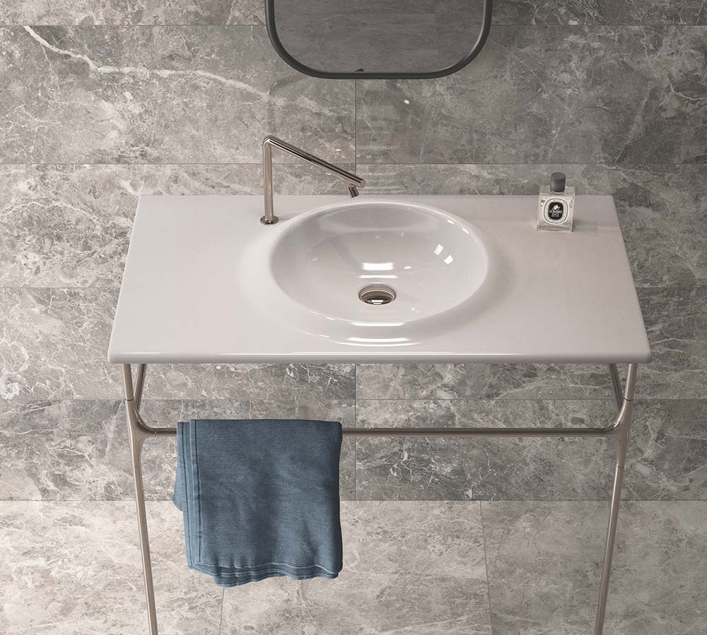 Bathroom basin and grey tiles