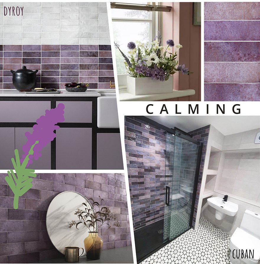 Dyroy white and aubergine wall tiles for bathroom and kitchen setting