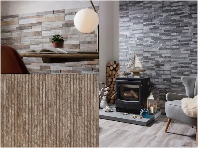 Split face tiles on living room walls