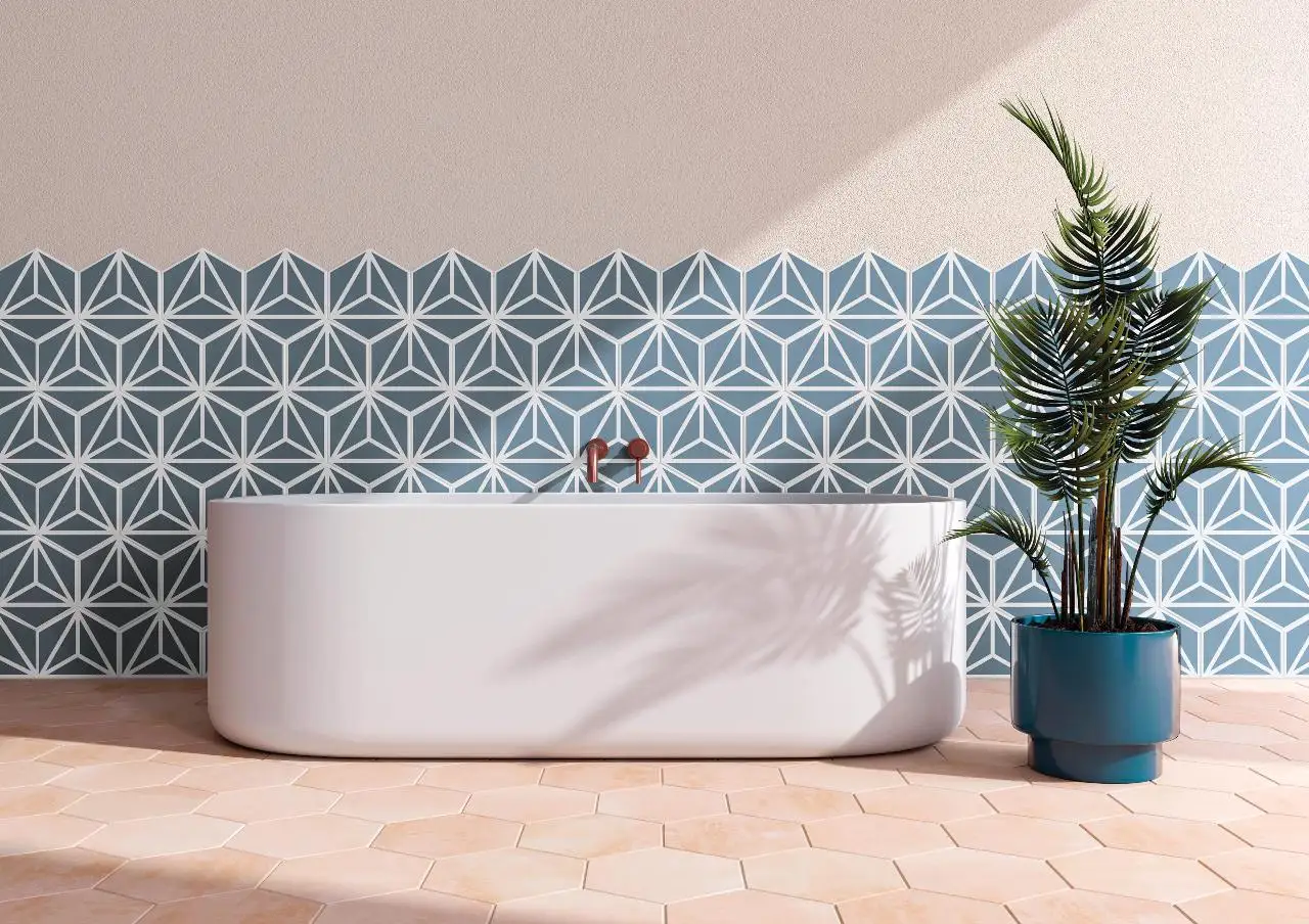 blue hexagon wall tiles in a bathroom setting