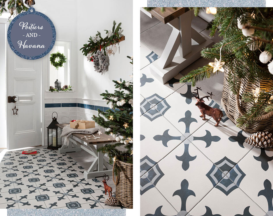 Collage picture of Poitiers and Havana tiles with Christmas decorations
