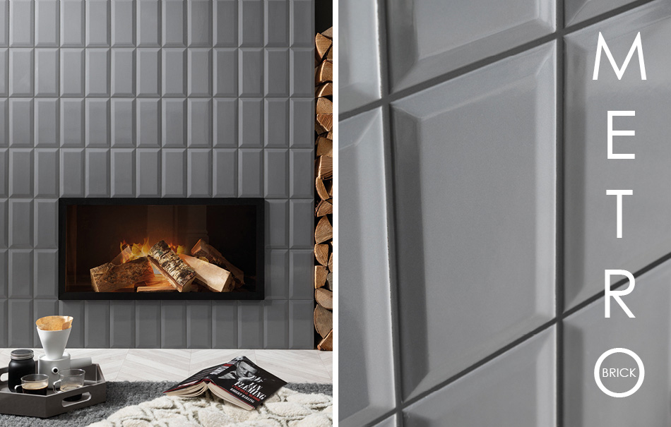 Image of Gemini Metro Brick Dark Grey Bevelled Tile on Fireplace
