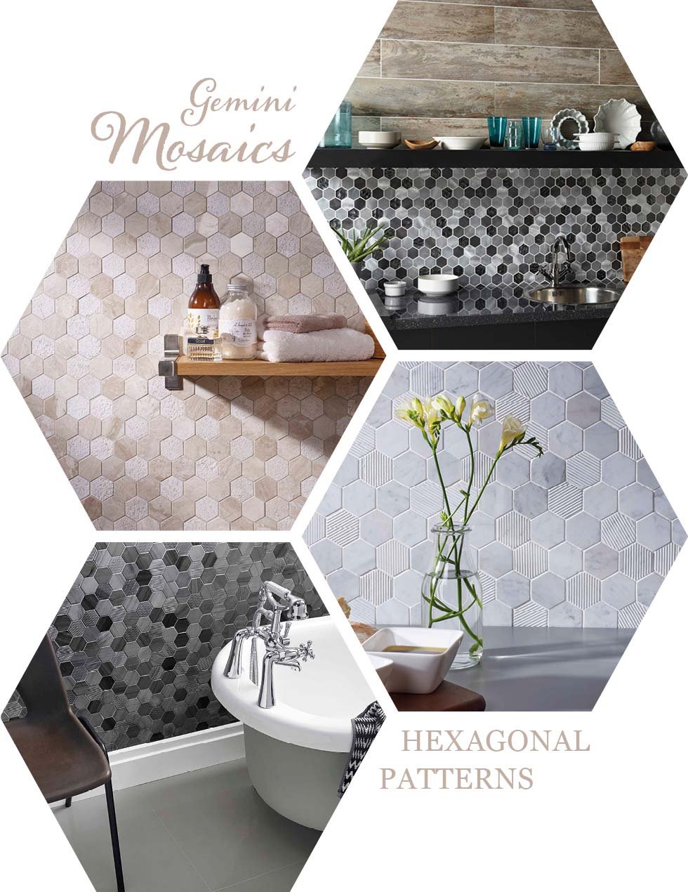 Collage of Gemini Mosaic bathroom tiles