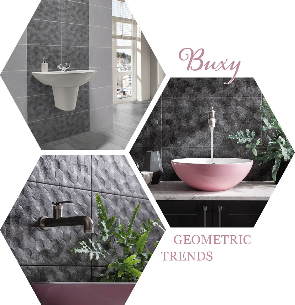 Collage of Buxy Hexagon bathroom tiles from GEMINI