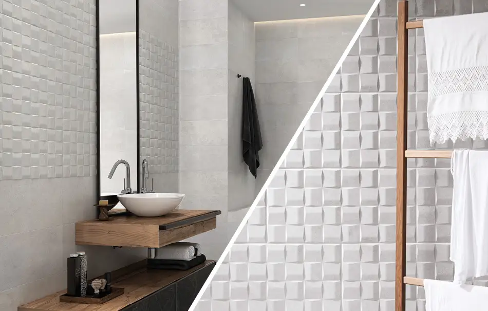 White textured Polesden tiles in bathroom setting.