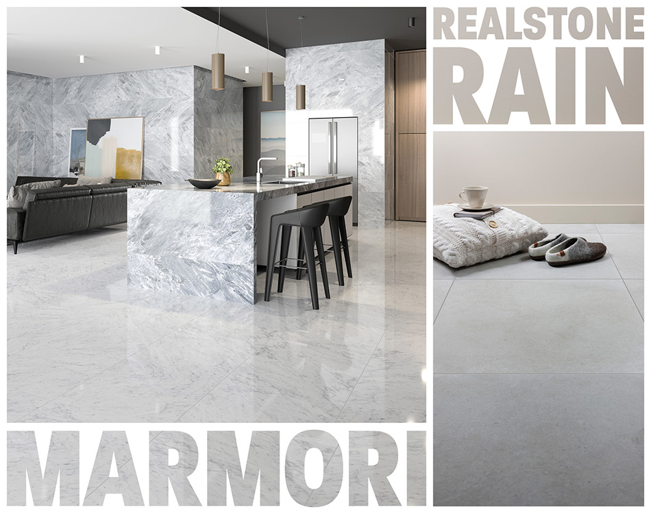 Collage picture of large format Marmori and Realstone Rain tiles