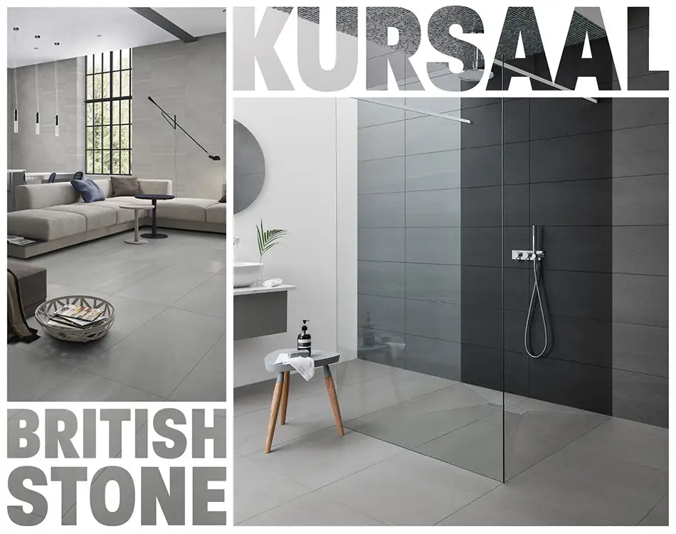 Collage picture of large format British Stone and Kursaal tiles