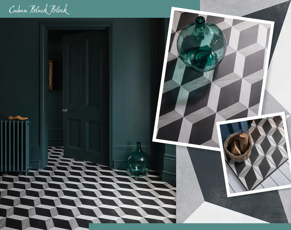 Collage image of Cuban Black Block tiles used on hallway floor