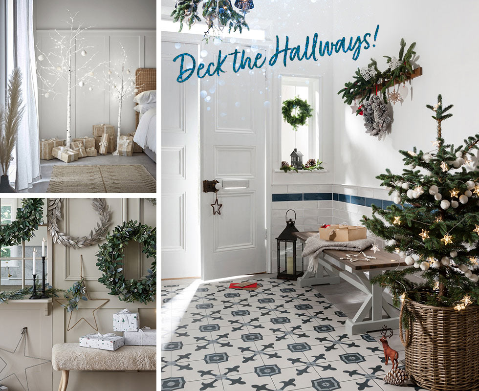 Collage image of Poitiers wall tiles and Havana patterned floor tiles in the hallway