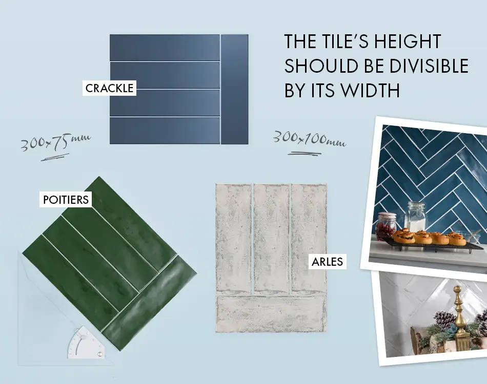 The tile's height should be divisible by its width. Guide to laying herringbone tiles.