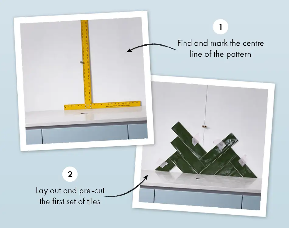 Steps 1 and 2. Guide to laying herringbone tiles.