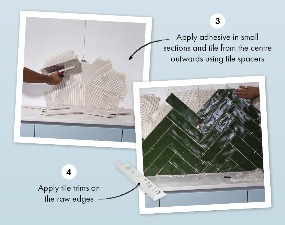 Steps 3 and 4. Guide to laying herringbone tiles.