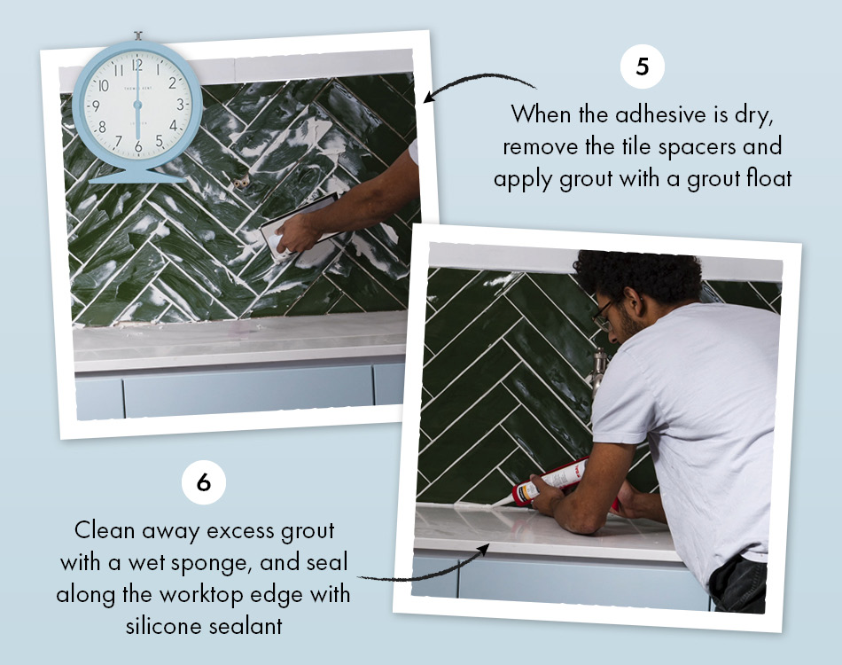 Steps 5 and 6. Guide to laying herringbone tiles.