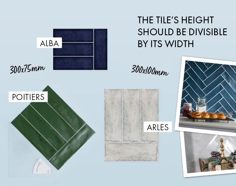 The tile's height should be divisible by its width. Guide to laying herringbone tiles.