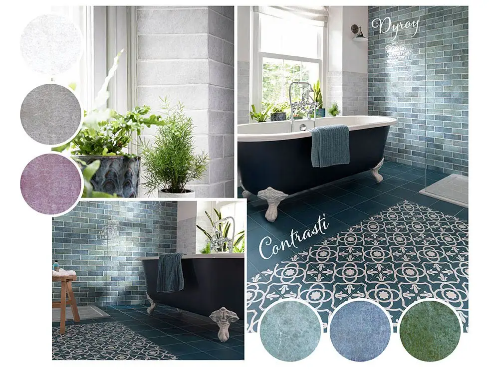 Bathroom setting featuring Contrasti and Dyroy tiles