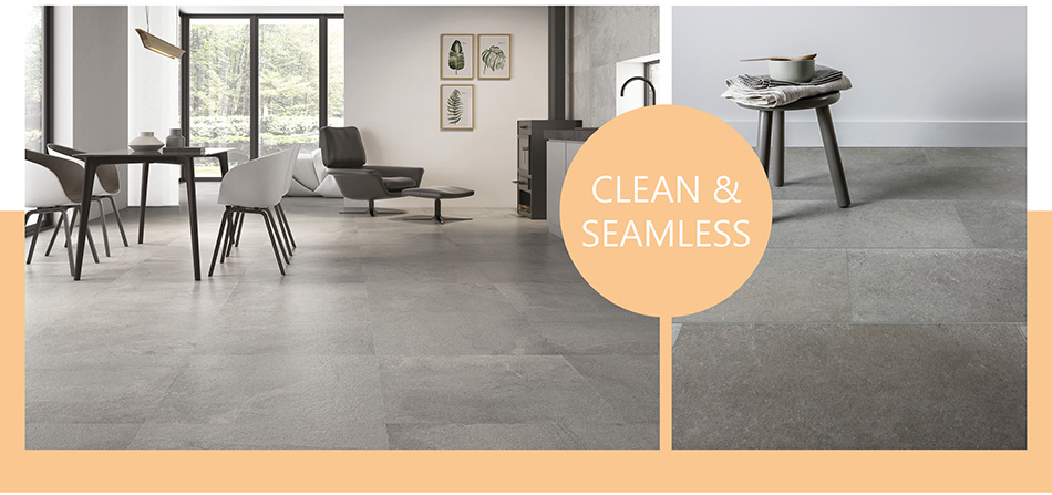 Rock and Realstone Rain large format tiles on kitchen floors.