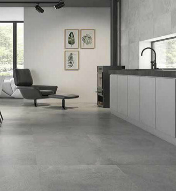 Rock large porcelain grey tiles on kitchen floor