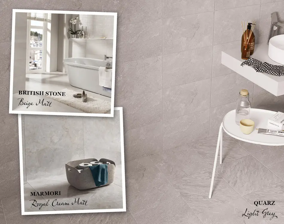 Collage of tile ideas for small bathrooms including British stone and marmori