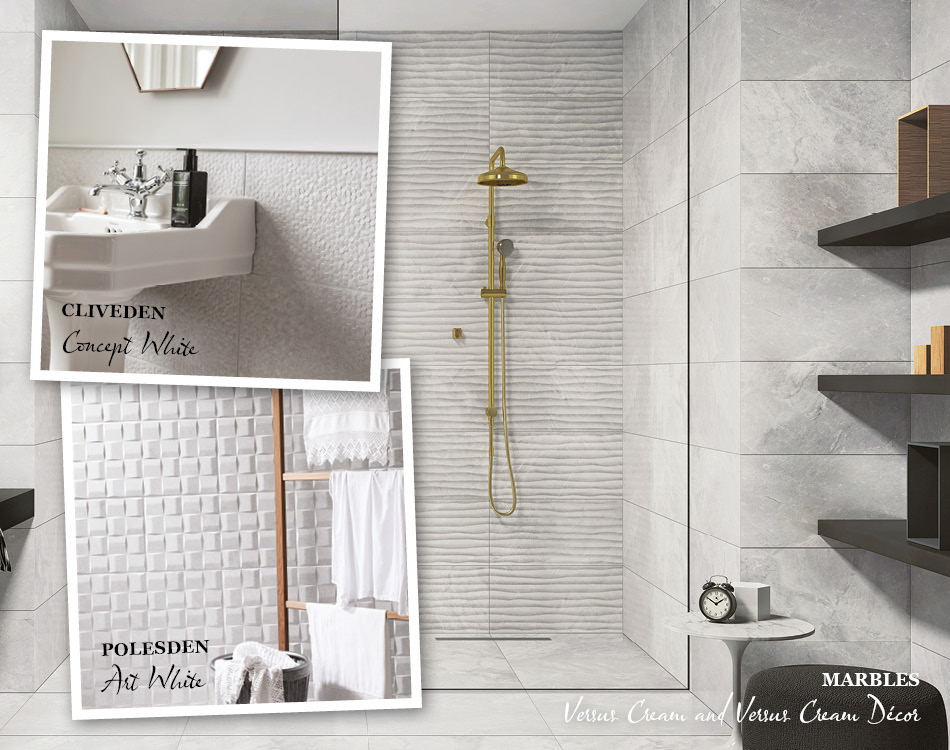 Collage of tile ideas for small bathrooms including Cliveden, Polesden and Marbles