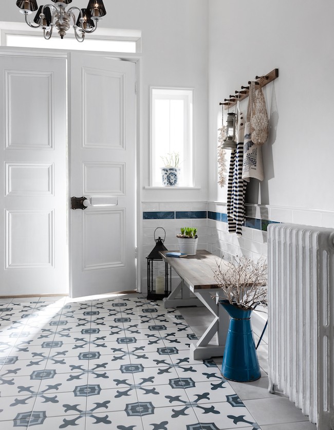 Blue and White square pattern hallway