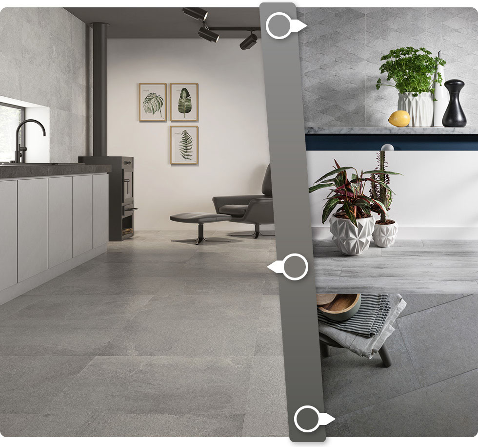 grey kitchen floor and wall tile schemes