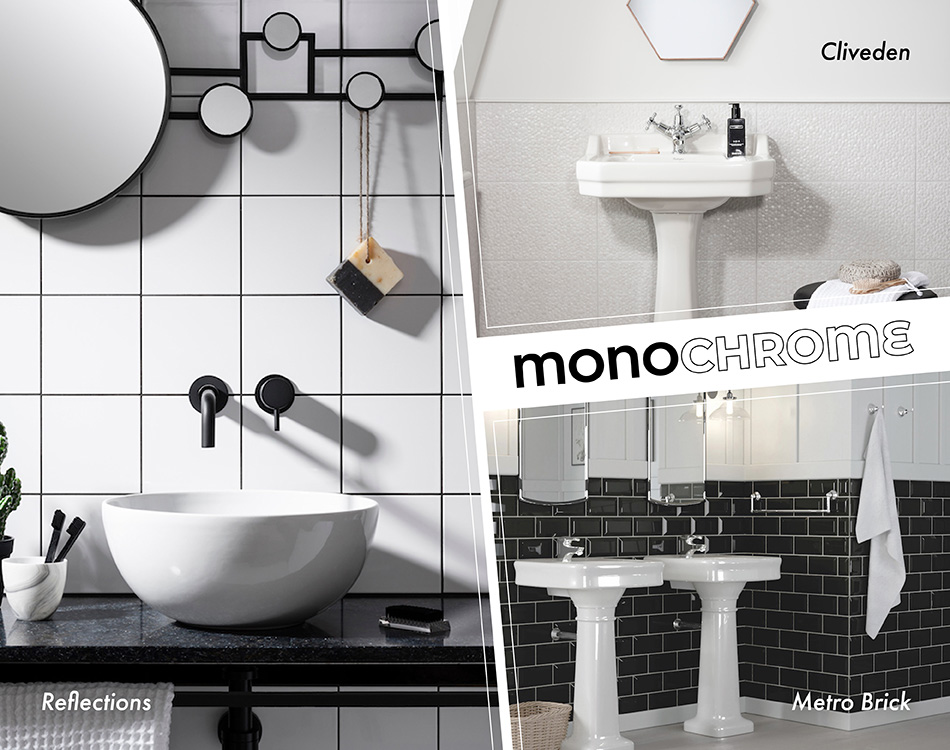 Collage of monochrome bathroom tiles including Reflections, Cliveden and Metro Brick