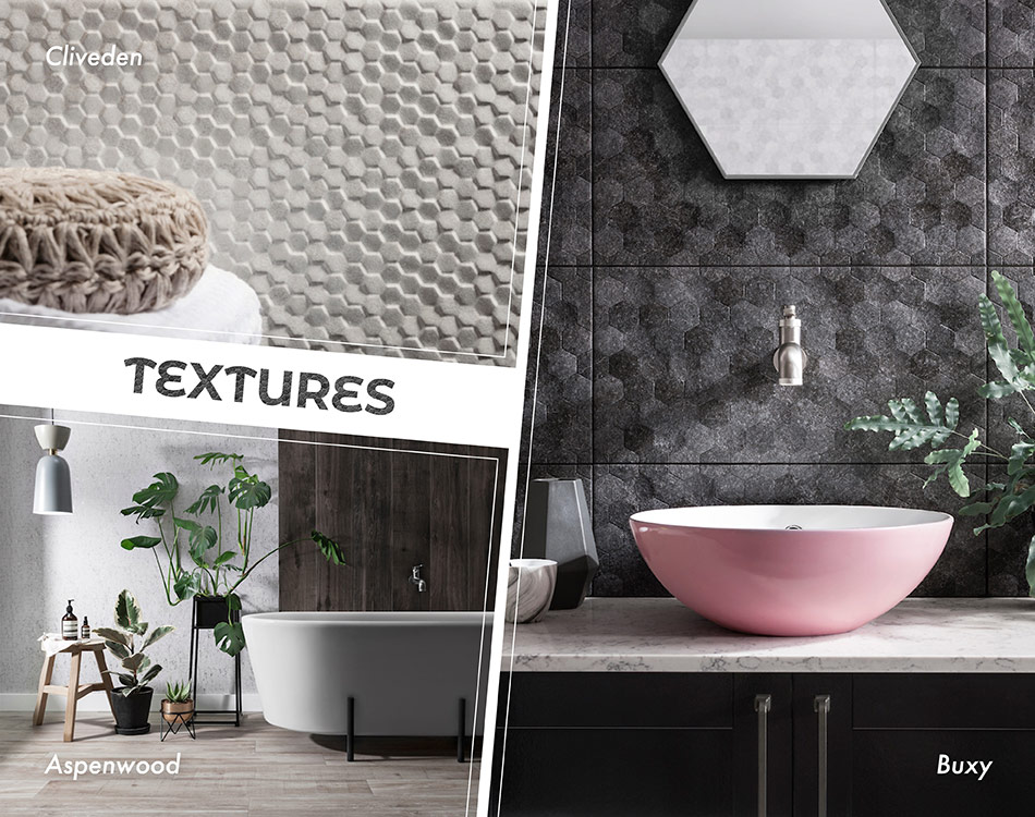 Collage of textured bathroom wall tiles including Cliveden, Aspenwood and Buxy