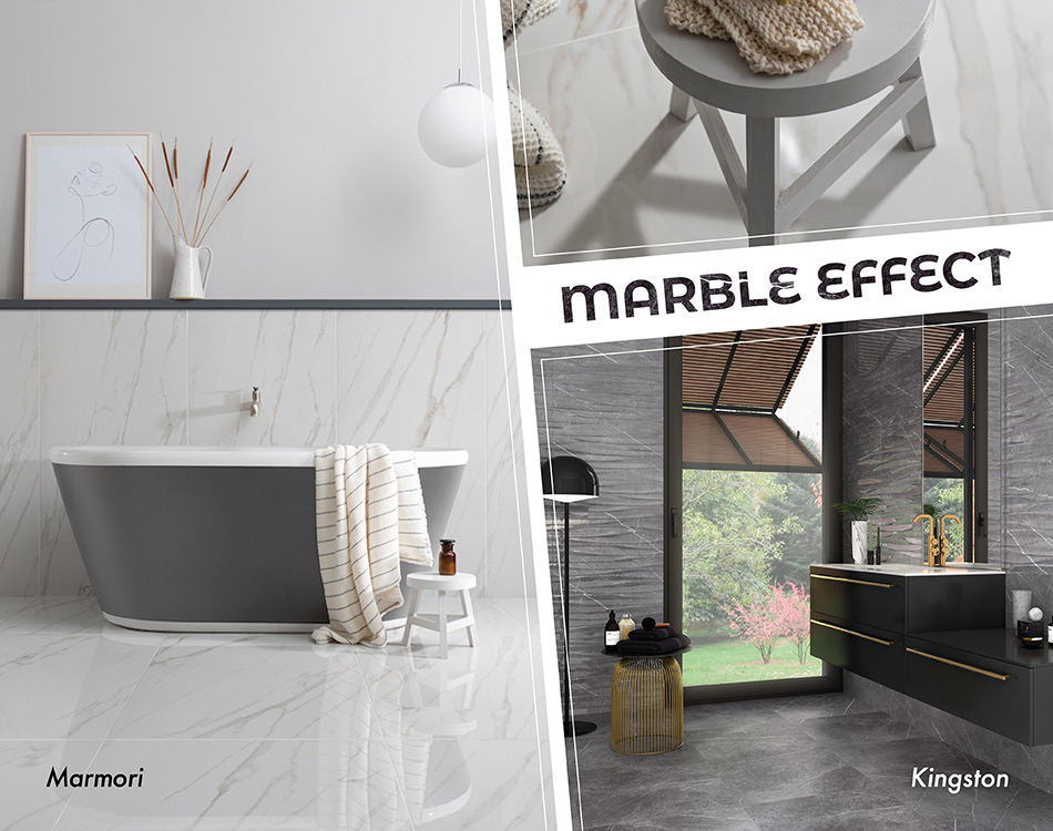 Collage of marble effect bathroom tiles including Marmori and Kingston.