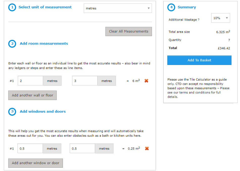 Screenshot of tile calculator in use.