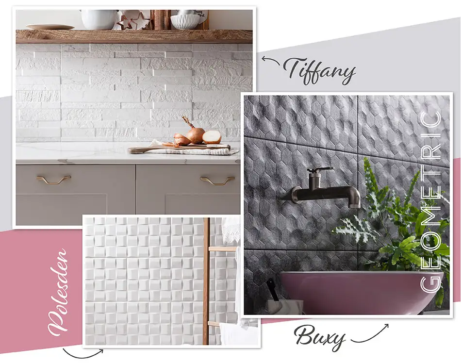 collage picture of buxy, polesden and tiffany, 3d and sculptural wall tiles