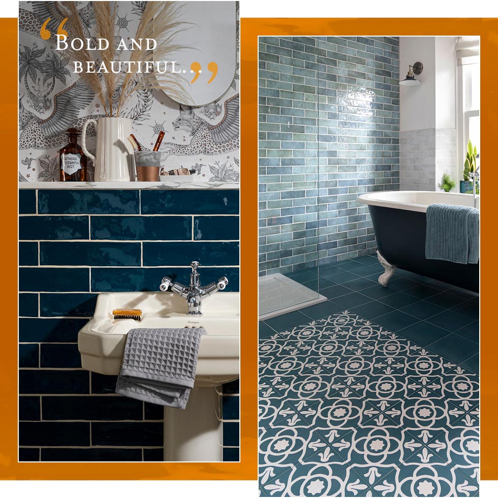 Collage image of traditional Poitiers blue wall tiles and Contrasti patterned floor tiles in a bathroom