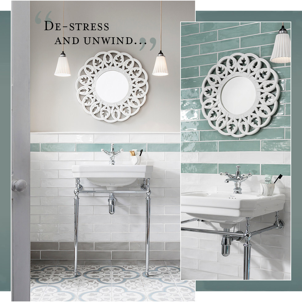 Collage picture of traditional Poitiers white and green wall tiles and Havana patterned floor tiels in a bathroom