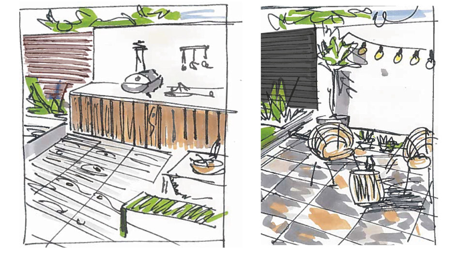 landscape drawings of tiled outdoor spaces