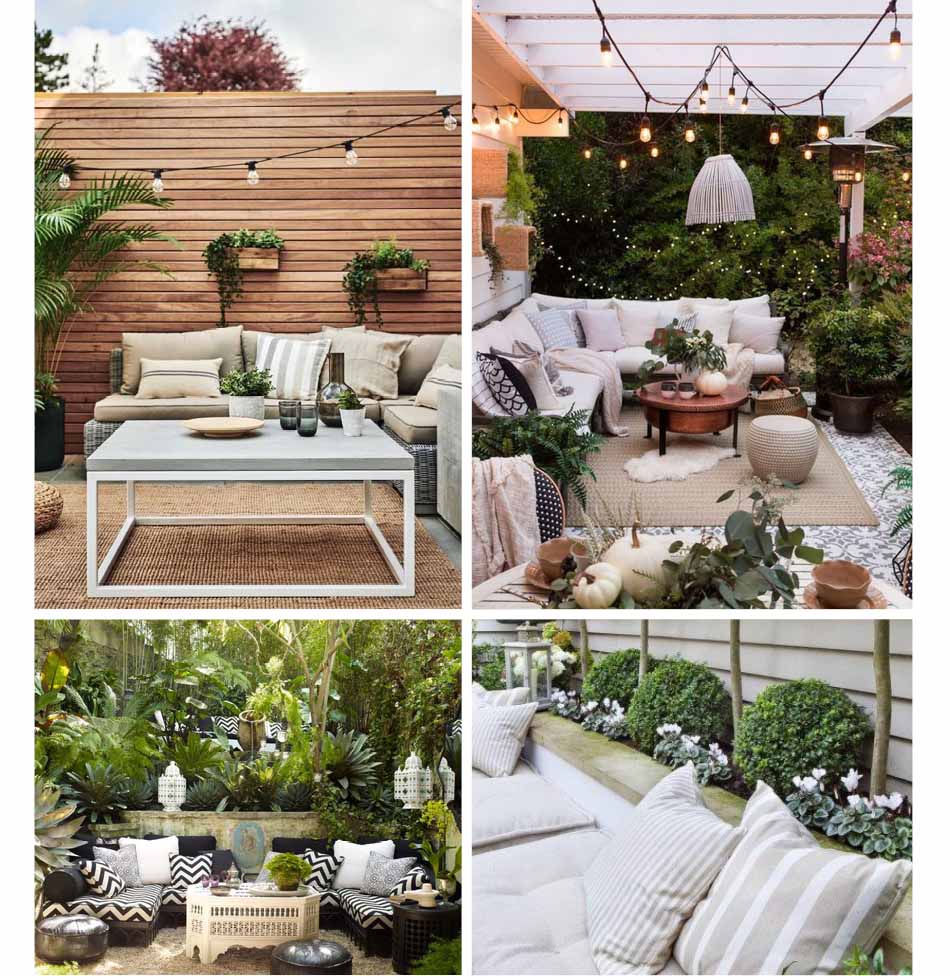 Collage of outdoor entertaining areas