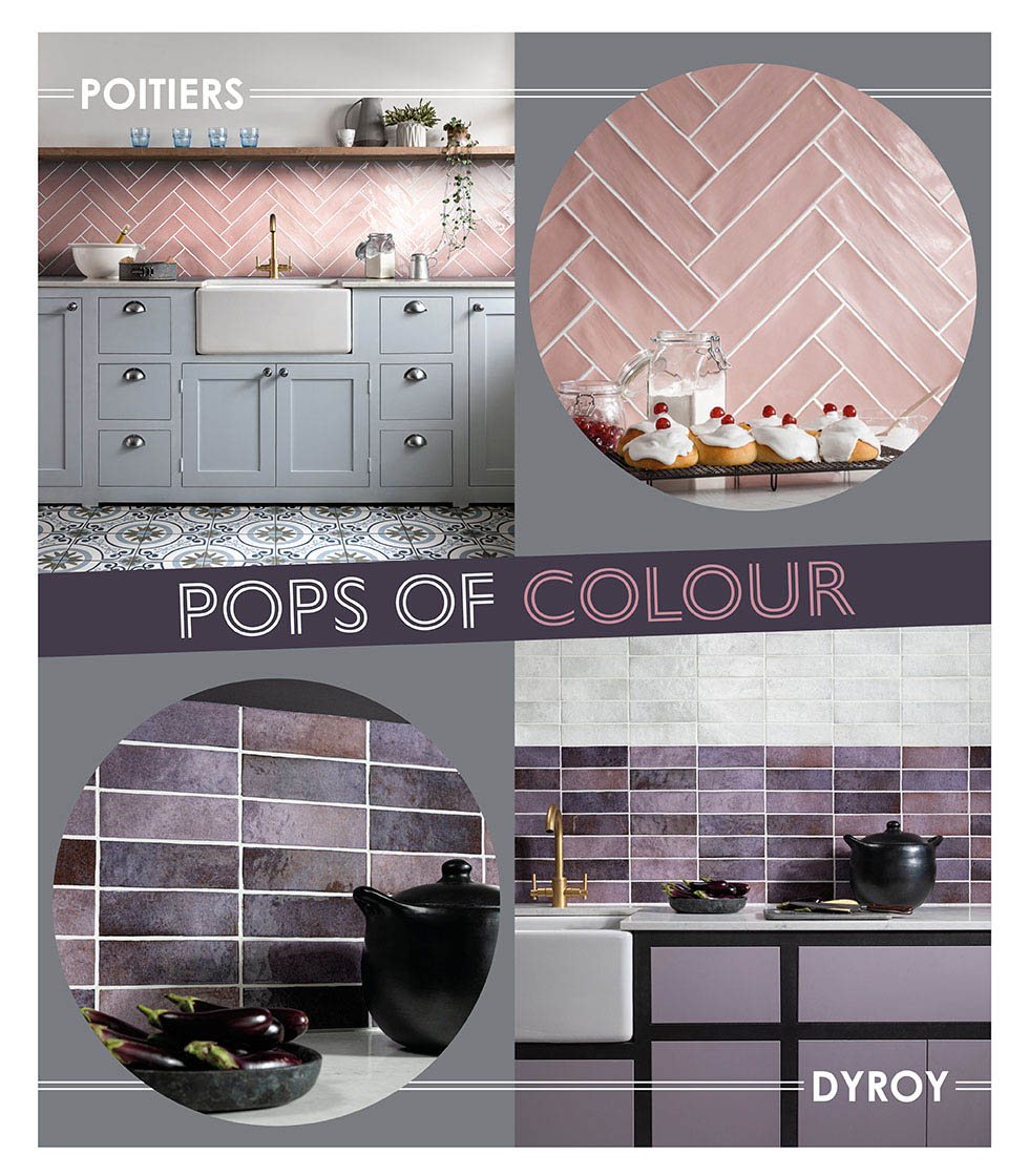Collage of pink and purple Poitiers and Dyroy wall tiles