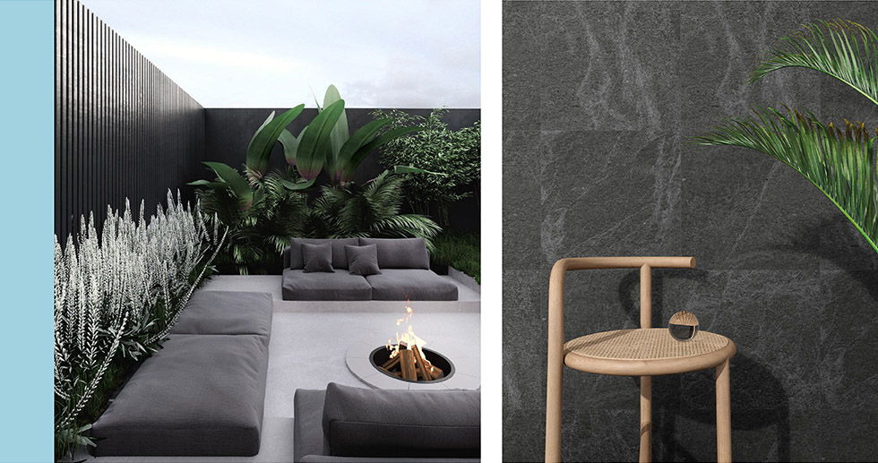 Collage of outdoor spaces using Veined Stone tiles