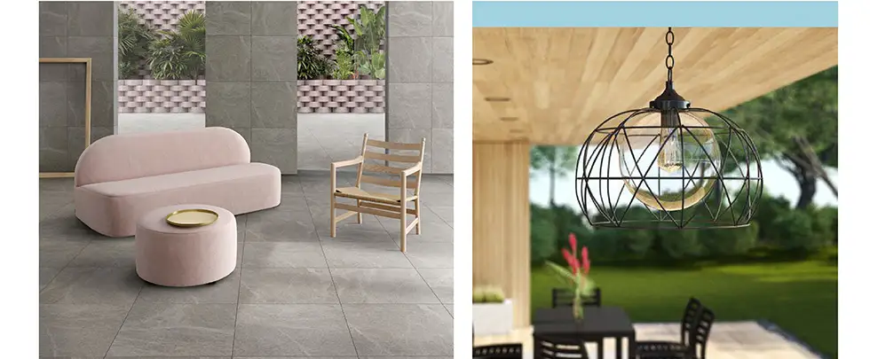 Collage of outdoor spaces using Veined Stone tiles