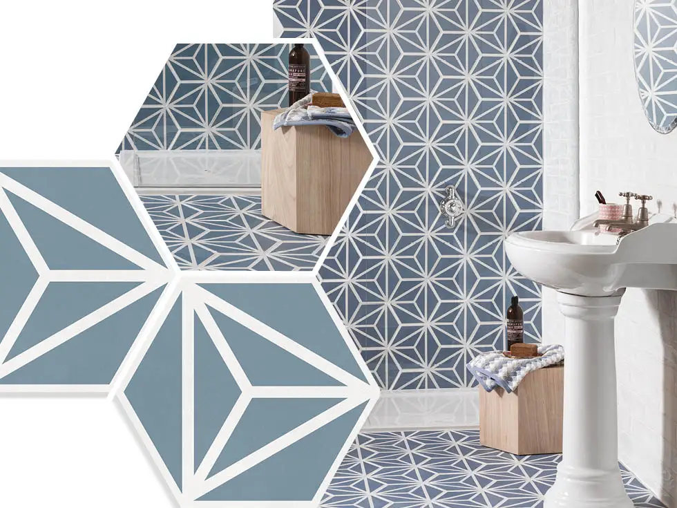 blue hexagon floor and wall tiles