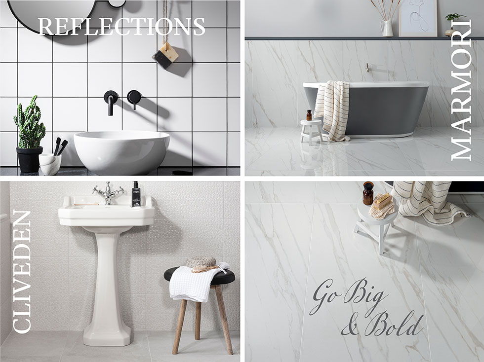 Reflections, Marmori, Cliveden bathroom wall and floor tiles