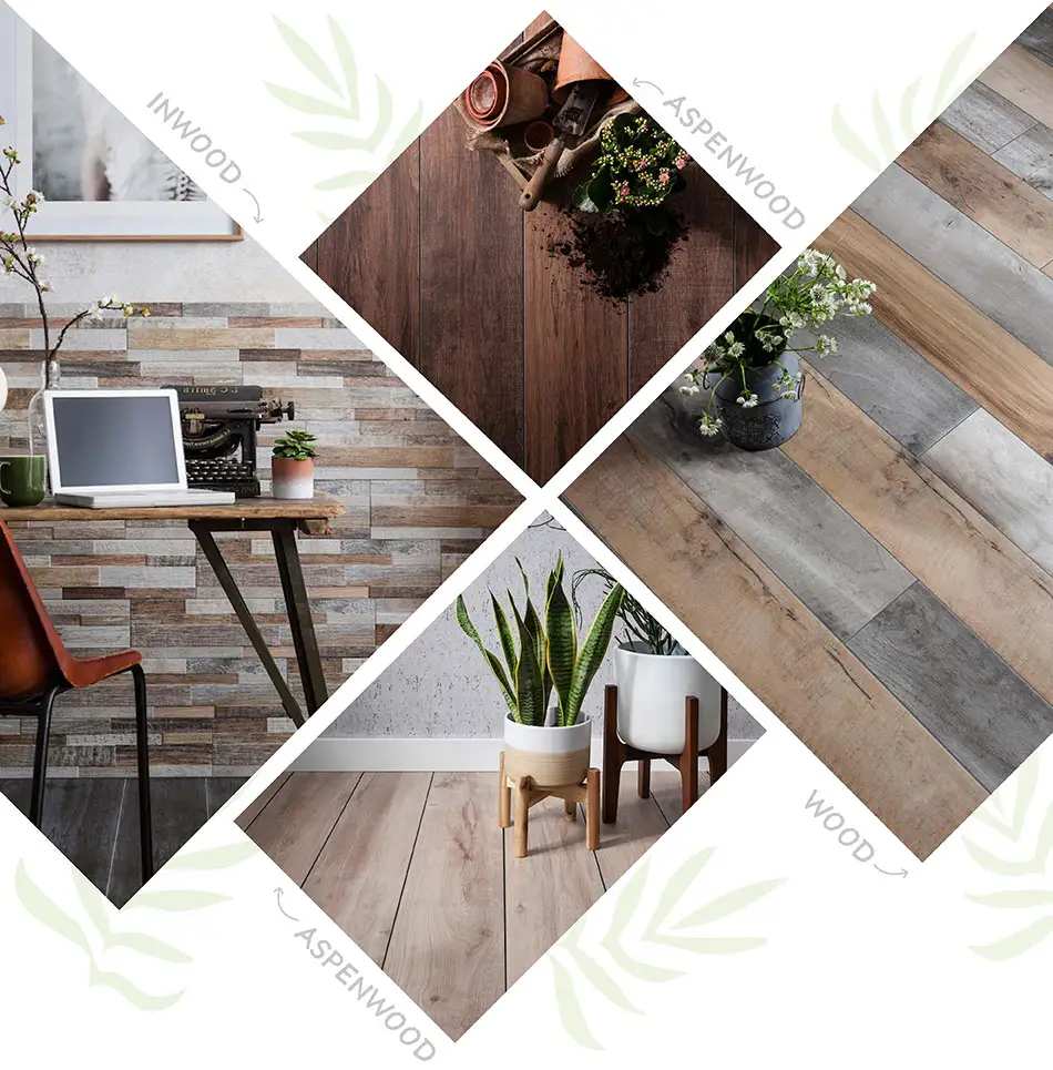 collage of wood, aspenwood floor tiles, inwood wall tiles