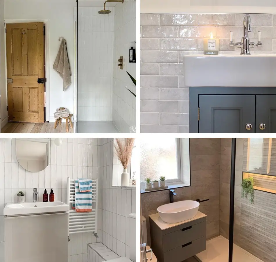 Collage of customer bathroom images featuring Poitiers, Dyroy and Nature
