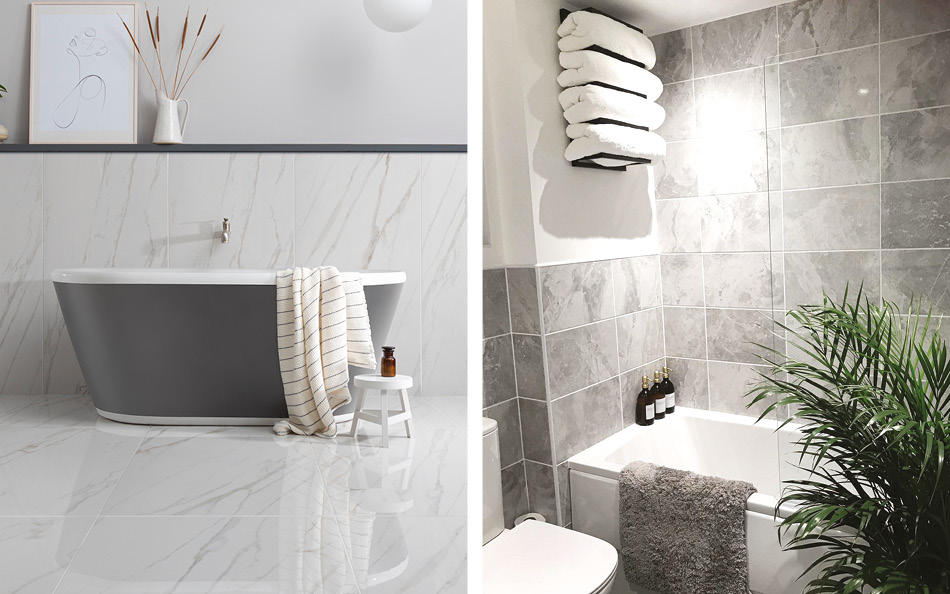 Marble and stone-effect inspired bathrooms featuring Marmori and Marbles
