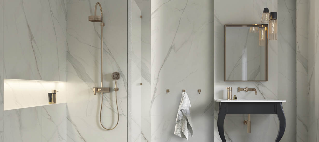 Calacatta White tile in bathroom/wetroom