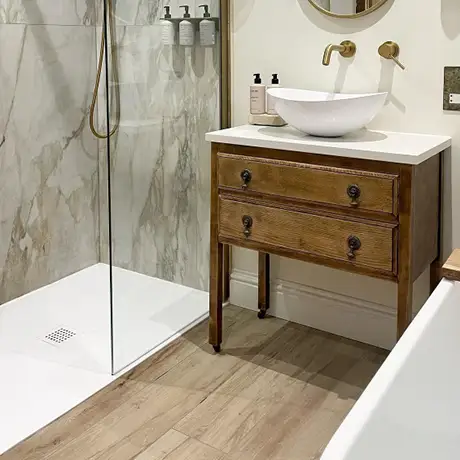 Aspenwood wood effect tiles on bathroom floor